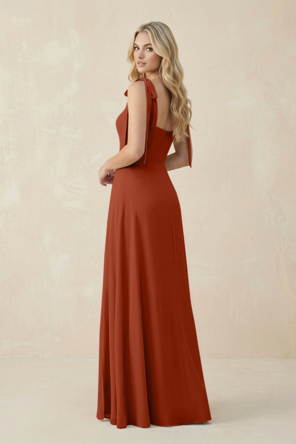 Square Neck Chiffon A - Line Bridesmaid Dress With Bow in Spice - KISS BRIDAL Bridesmaid Dresses