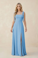 Square Neck Chiffon A - Line Bridesmaid Dress With Bow in Steel Blue - SHE IS ME Bridesmaid Dresses