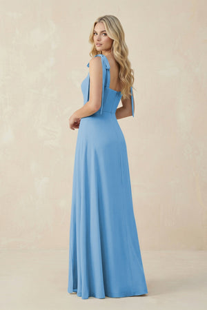 Square Neck Chiffon A - Line Bridesmaid Dress With Bow in Steel Blue - SHE IS ME Bridesmaid Dresses