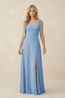 Square Neck Chiffon A-Line Bridesmaid Dress With Bow in Steel Blue | KISSBRIDAL