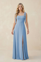 Square Neck Chiffon A-Line Bridesmaid Dress With Bow in Steel Blue | KISSBRIDAL
