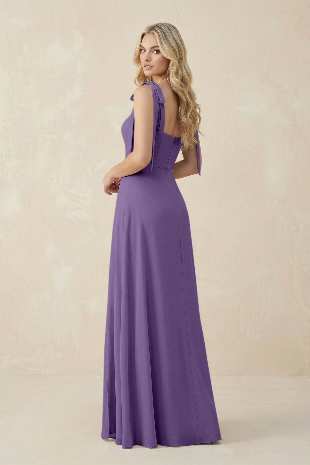 Square Neck Chiffon A - Line Bridesmaid Dress With Bow in Tahiti - KISS BRIDAL Bridesmaid Dresses