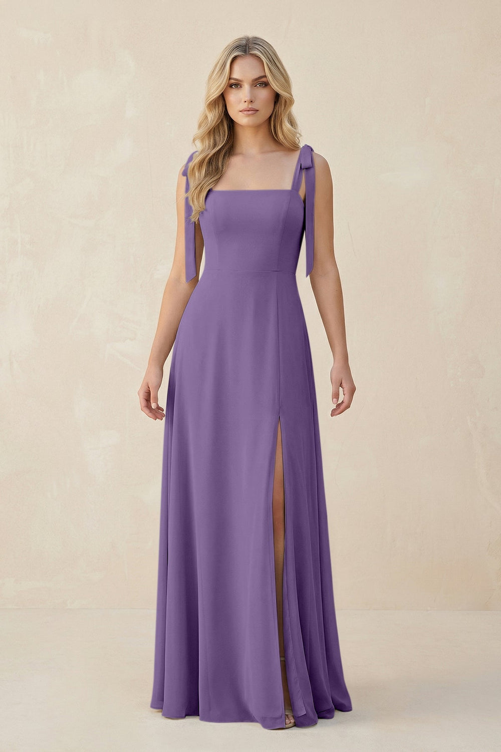 Square Neck Chiffon A - Line Bridesmaid Dress With Bow in Tahiti - KISS BRIDAL Bridesmaid Dresses