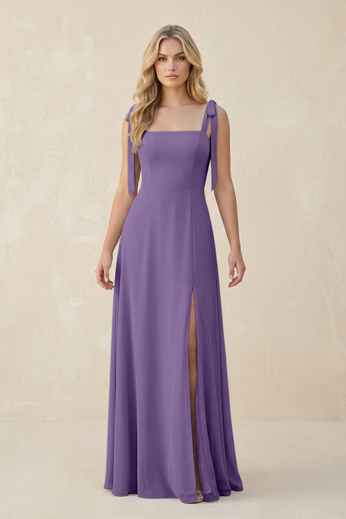 Square Neck Chiffon A - Line Bridesmaid Dress With Bow in Tahiti - SHE IS ME Bridesmaid Dresses