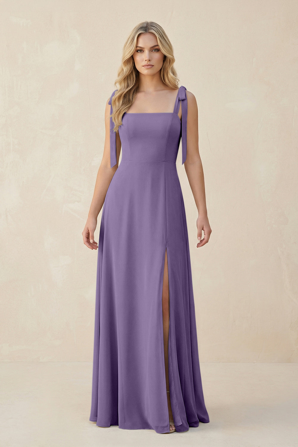 Square Neck Chiffon A-Line Bridesmaid Dress With Bow in Tahiti