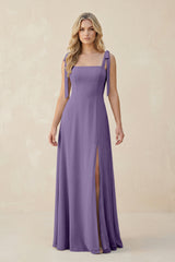 Square Neck Chiffon A-Line Bridesmaid Dress With Bow in Tahiti | KISSBRIDAL