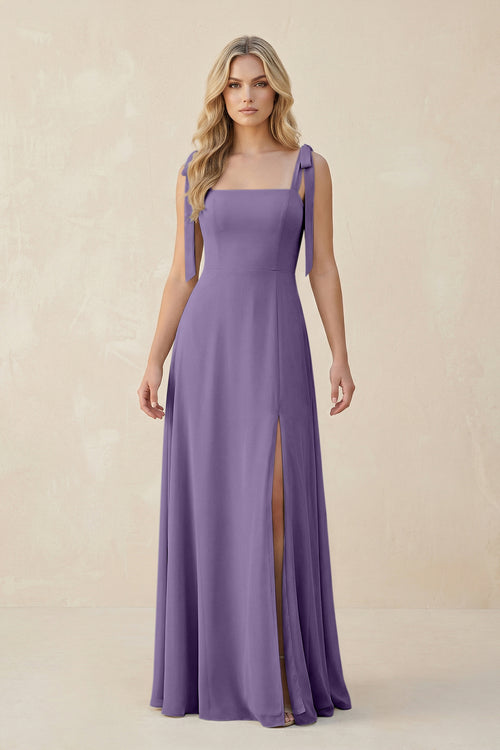 Square Neck Chiffon A-Line Bridesmaid Dress With Bow in Tahiti | KISSBRIDAL