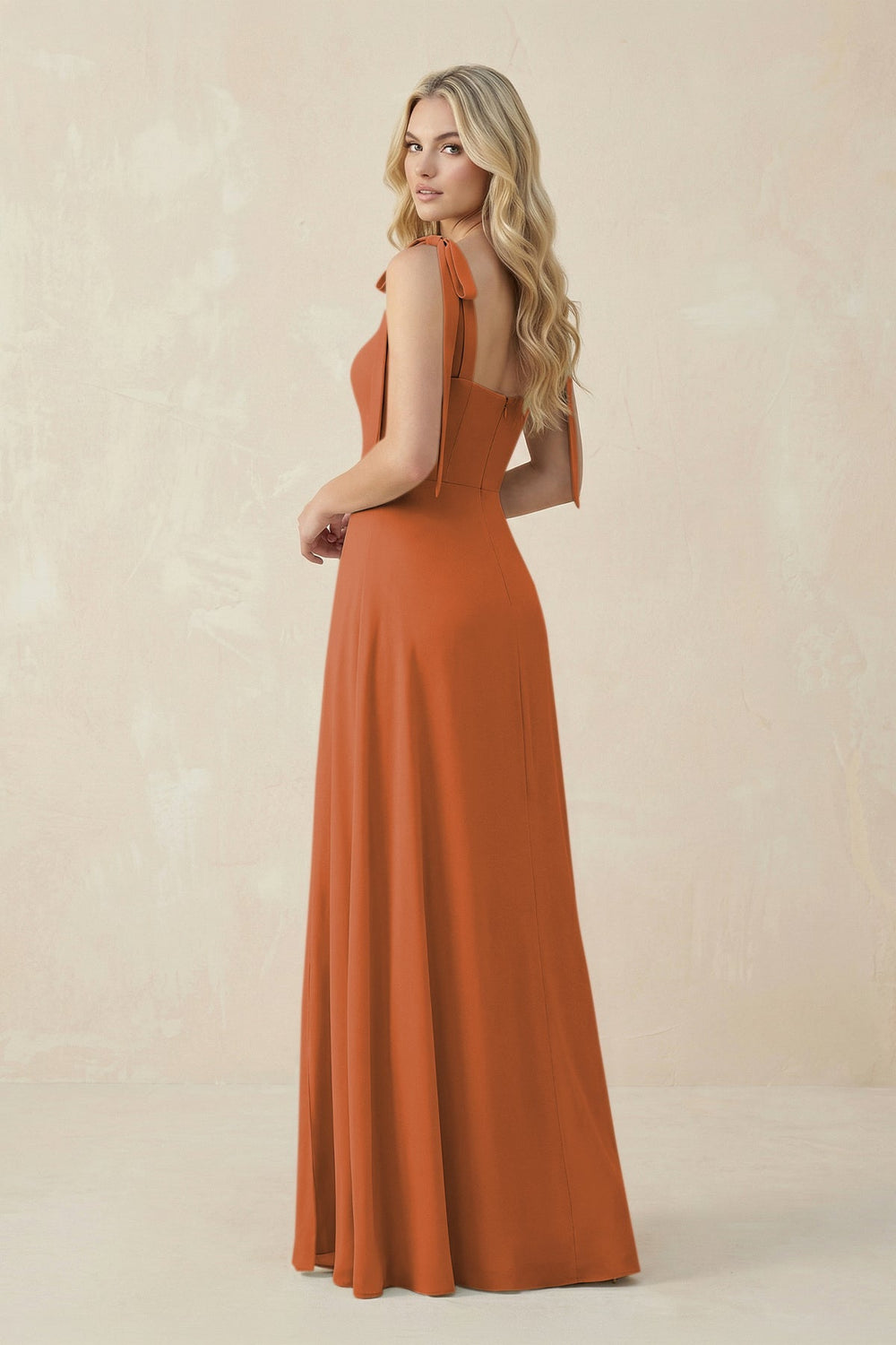 Square Neck Chiffon A - Line Bridesmaid Dress With Bow in Terracotta - KISS BRIDAL Bridesmaid Dresses