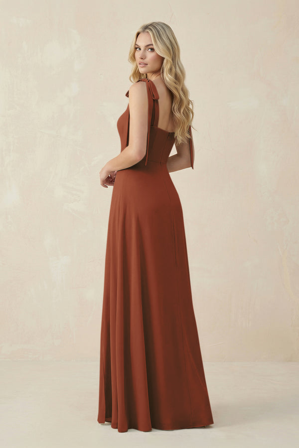 Square Neck Chiffon A-Line Bridesmaid Dress With Bow in Terracotta (2) | KISSBRIDAL