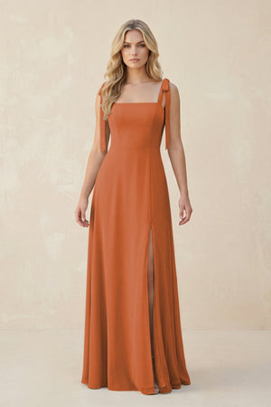 Square Neck Chiffon A - Line Bridesmaid Dress With Bow in Terracotta - SHE IS ME Bridesmaid Dresses