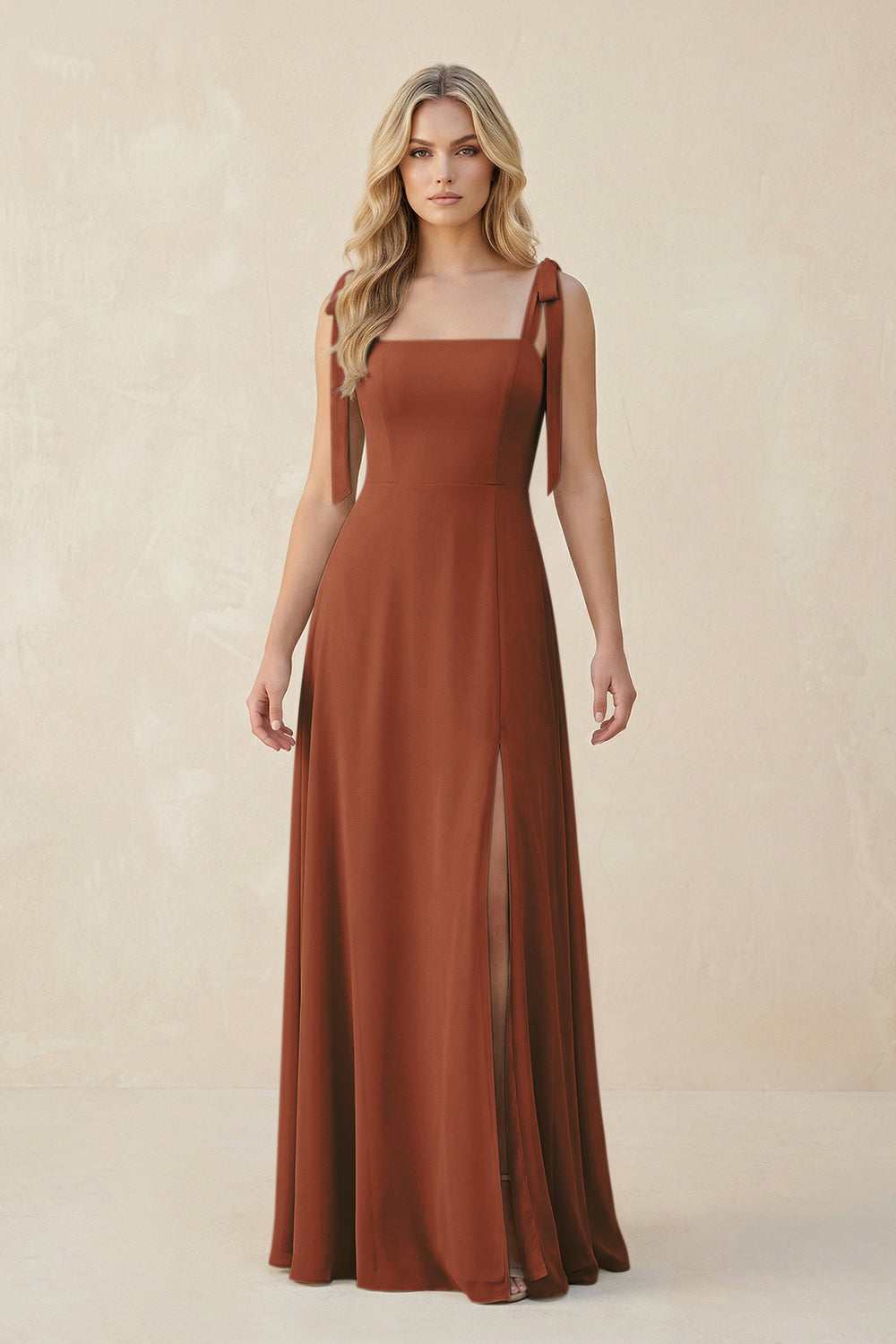 Square Neck Chiffon A-Line Bridesmaid Dress With Bow in Terracotta