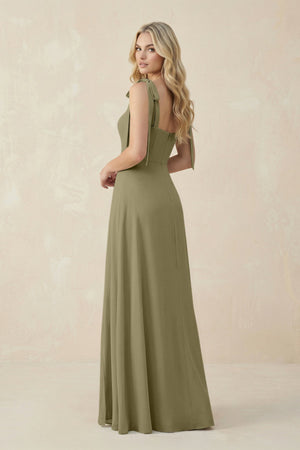 Square Neck Chiffon A - Line Bridesmaid Dress With Bow in Thyme - SHE IS ME Bridesmaid Dresses