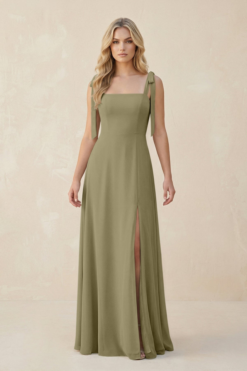 Square Neck Chiffon A - Line Bridesmaid Dress With Bow in Thyme - KISS BRIDAL Bridesmaid Dresses
