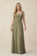 Square Neck Chiffon A-Line Bridesmaid Dress With Bow in Thyme | KISSBRIDAL