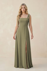 Square Neck Chiffon A-Line Bridesmaid Dress With Bow in Thyme | KISSBRIDAL
