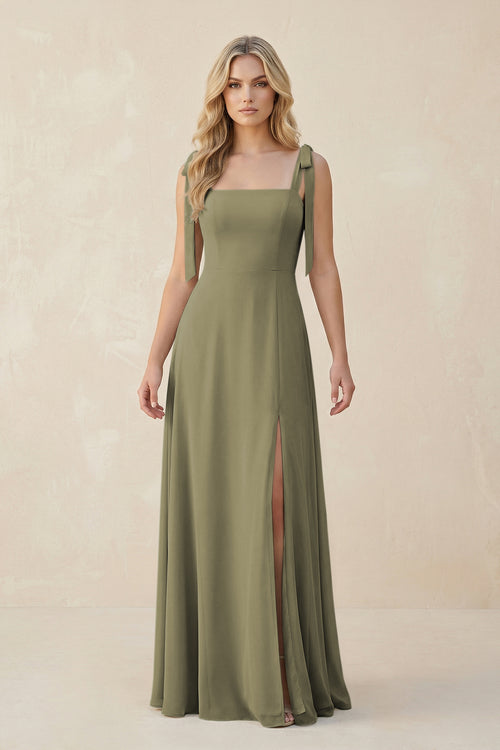 Square Neck Chiffon A-Line Bridesmaid Dress With Bow in Thyme | KISSBRIDAL