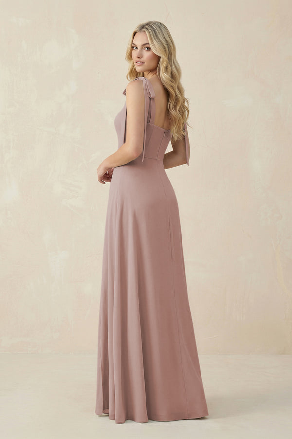 Square Neck Chiffon A-Line Bridesmaid Dress With Bow in Toffee (2) | KISSBRIDAL