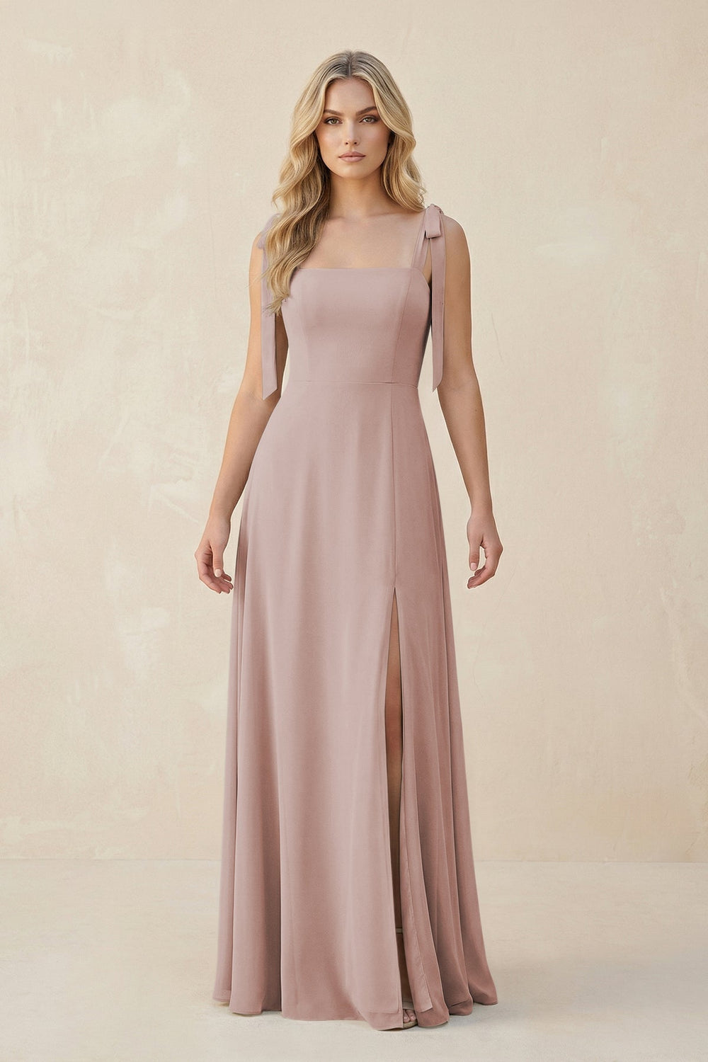 Square Neck Chiffon A - Line Bridesmaid Dress With Bow in Toffee - KISS BRIDAL Bridesmaid Dresses
