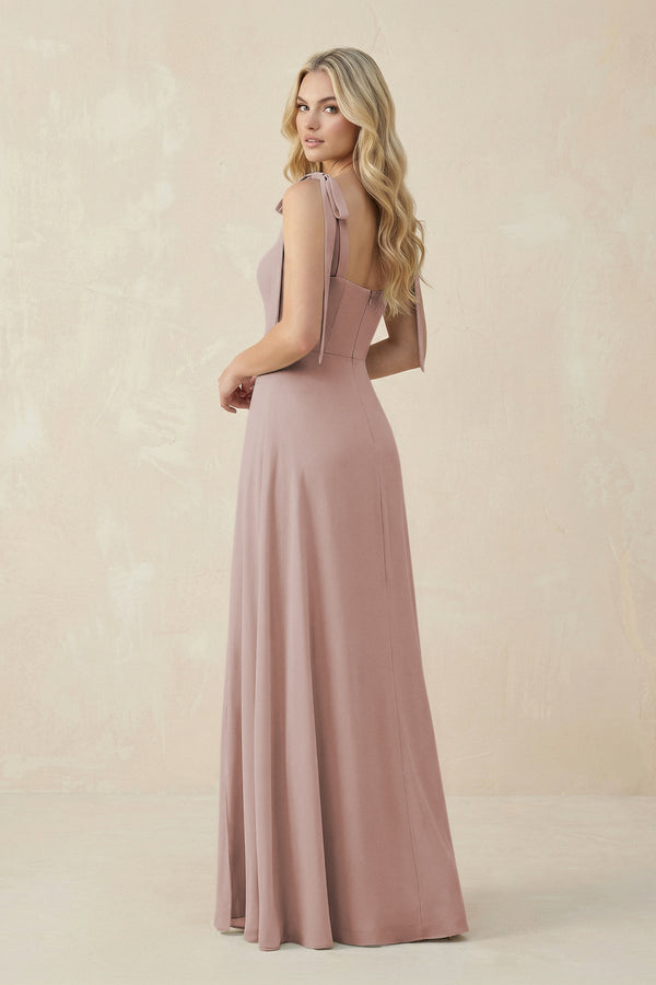 Square Neck Chiffon A - Line Bridesmaid Dress With Bow in Toffee - SHE IS ME Bridesmaid Dresses