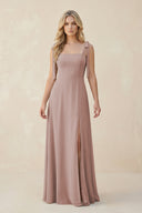 Square Neck Chiffon A-Line Bridesmaid Dress With Bow in Toffee | KISSBRIDAL
