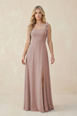 Square Neck Chiffon A-Line Bridesmaid Dress With Bow in Toffee | KISSBRIDAL