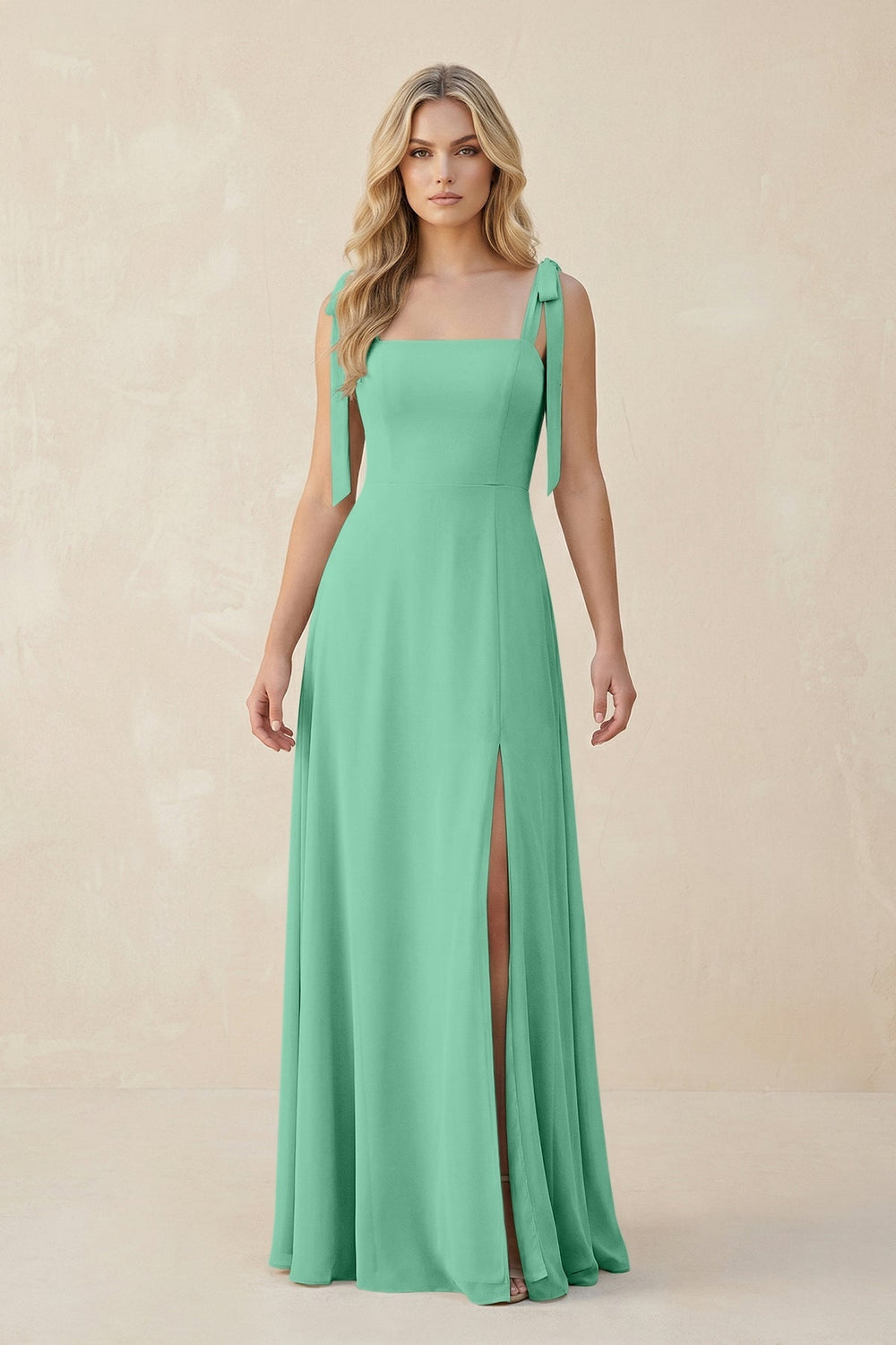 Square Neck Chiffon A - Line Bridesmaid Dress With Bow in Turquoise - KISS BRIDAL Bridesmaid Dresses