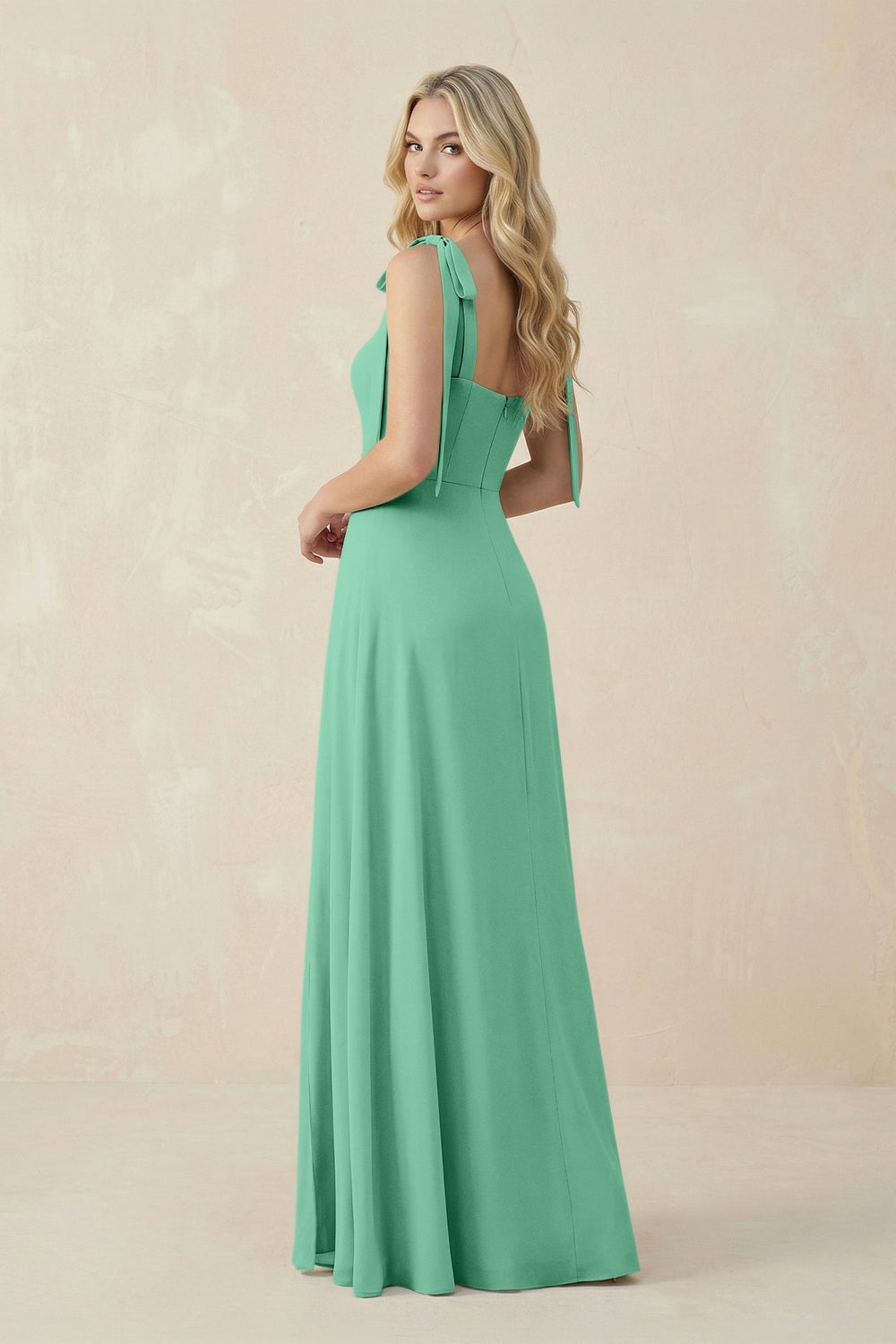 Square Neck Chiffon A - Line Bridesmaid Dress With Bow in Turquoise - KISS BRIDAL Bridesmaid Dresses
