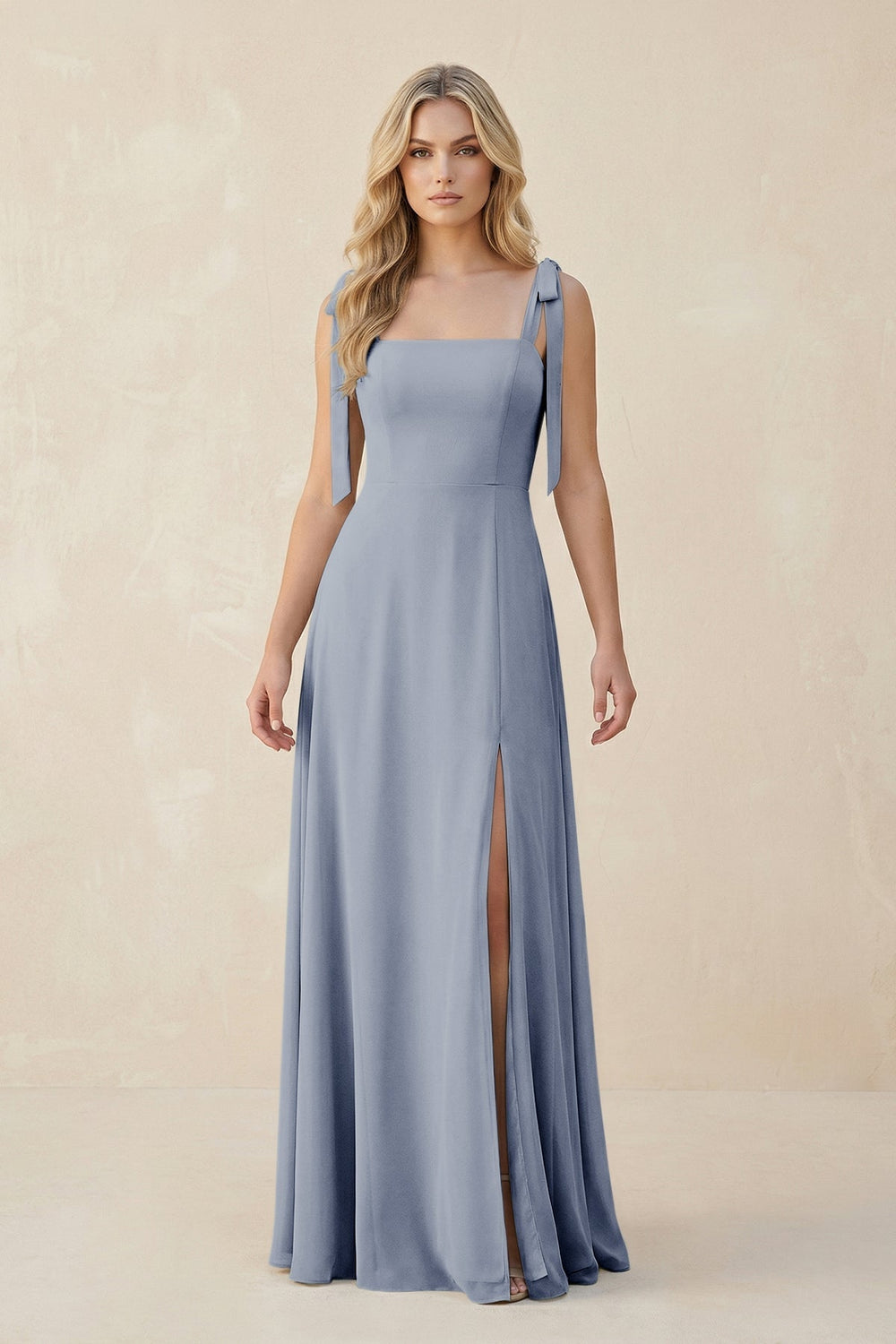 Square Neck Chiffon A - Line Bridesmaid Dress With Bow in Twilight - KISS BRIDAL Bridesmaid Dresses