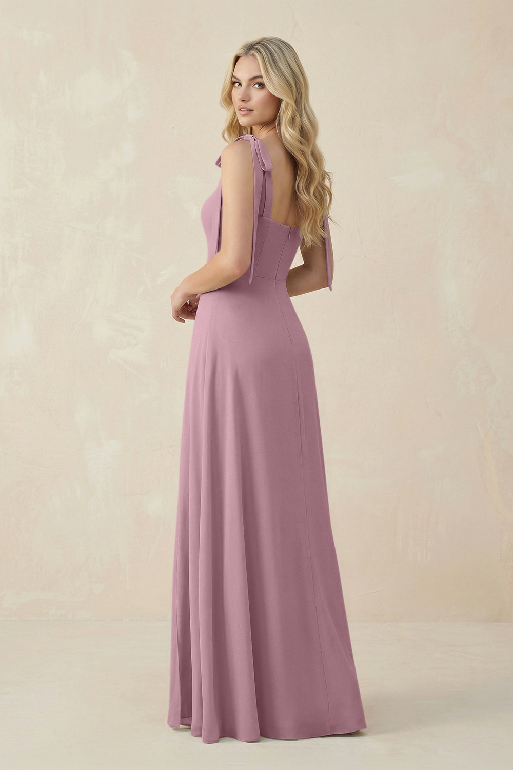 Square Neck Chiffon A-Line Bridesmaid Dress With Bow in Vintage Mauve