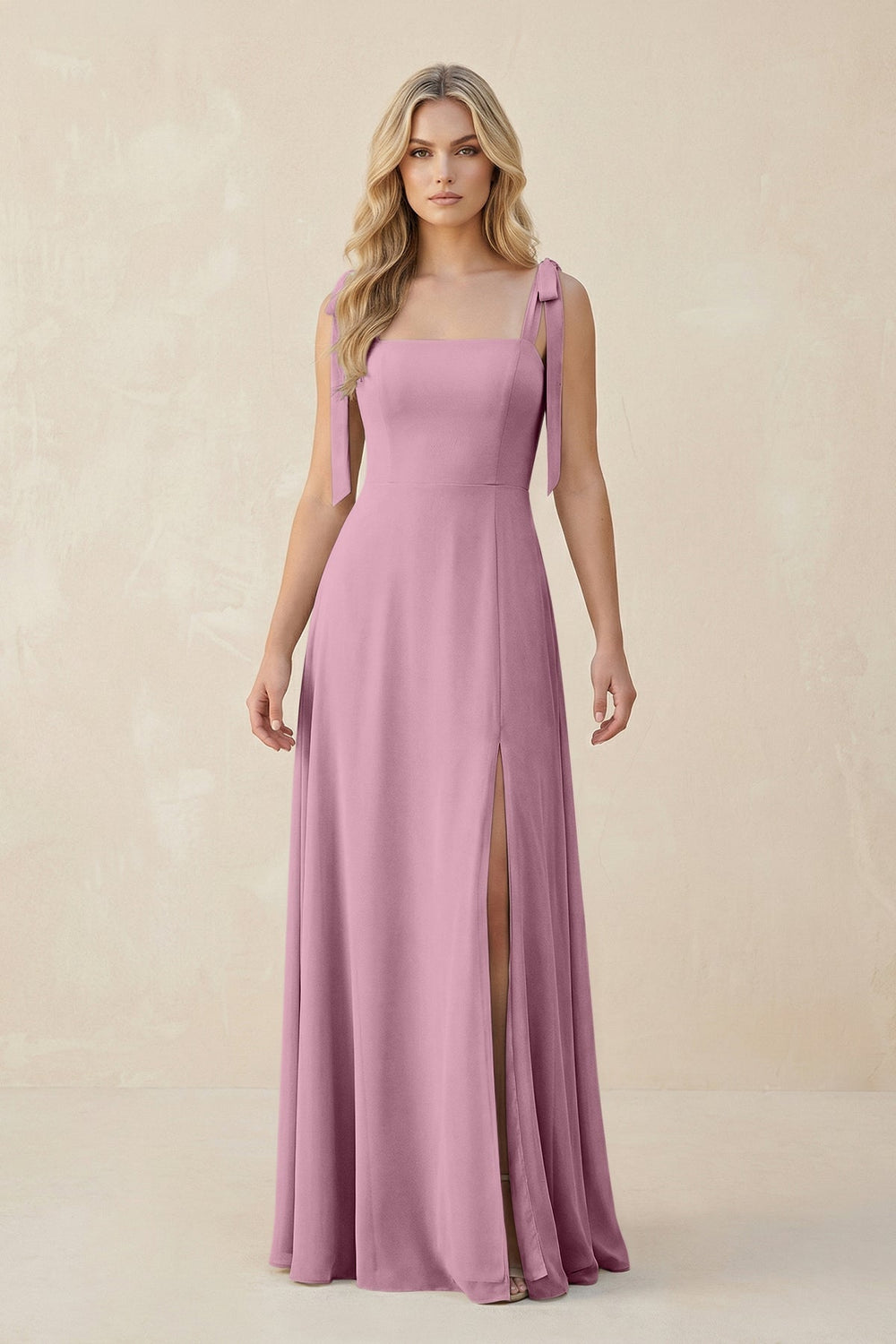 Square Neck Chiffon A - Line Bridesmaid Dress With Bow in Vintage Mauve - KISS BRIDAL Bridesmaid Dresses
