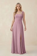 Square Neck Chiffon A-Line Bridesmaid Dress With Bow in Vintage Mauve | KISSBRIDAL