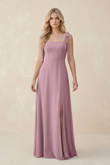 Square Neck Chiffon A-Line Bridesmaid Dress With Bow in Vintage Mauve | KISSBRIDAL
