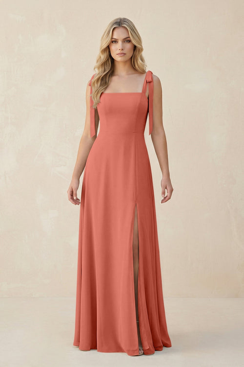 Square Neck Chiffon A - Line Bridesmaid Dress With Bow in Wild Rose - SHE IS ME Bridesmaid Dresses