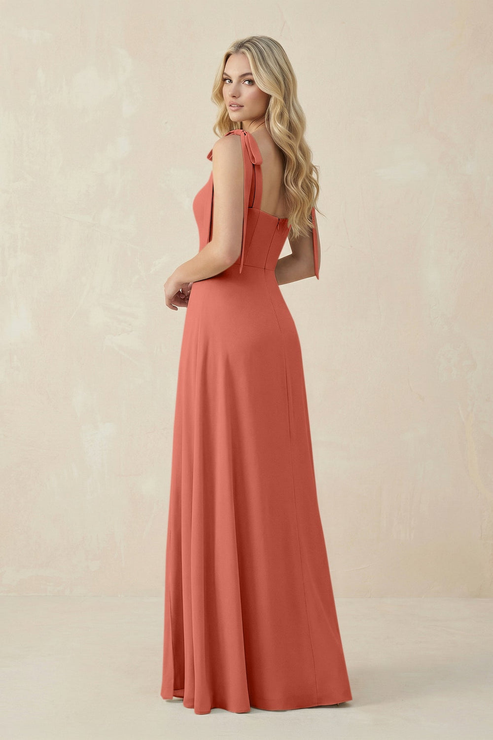 Square Neck Chiffon A - Line Bridesmaid Dress With Bow in Wild Rose - KISS BRIDAL Bridesmaid Dresses