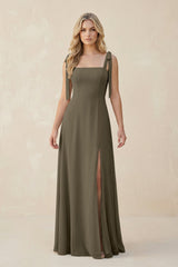 Square Neck Chiffon A - Line Bridesmaid Dress With Bow in Willow Green - KISS BRIDAL Bridesmaid Dresses