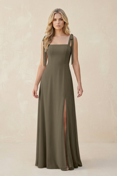 Square Neck Chiffon A - Line Bridesmaid Dress With Bow in Willow Green - SHE IS ME Bridesmaid Dresses