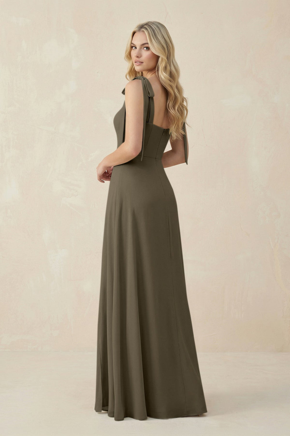 Square Neck Chiffon A - Line Bridesmaid Dress With Bow in Willow Green - KISS BRIDAL Bridesmaid Dresses