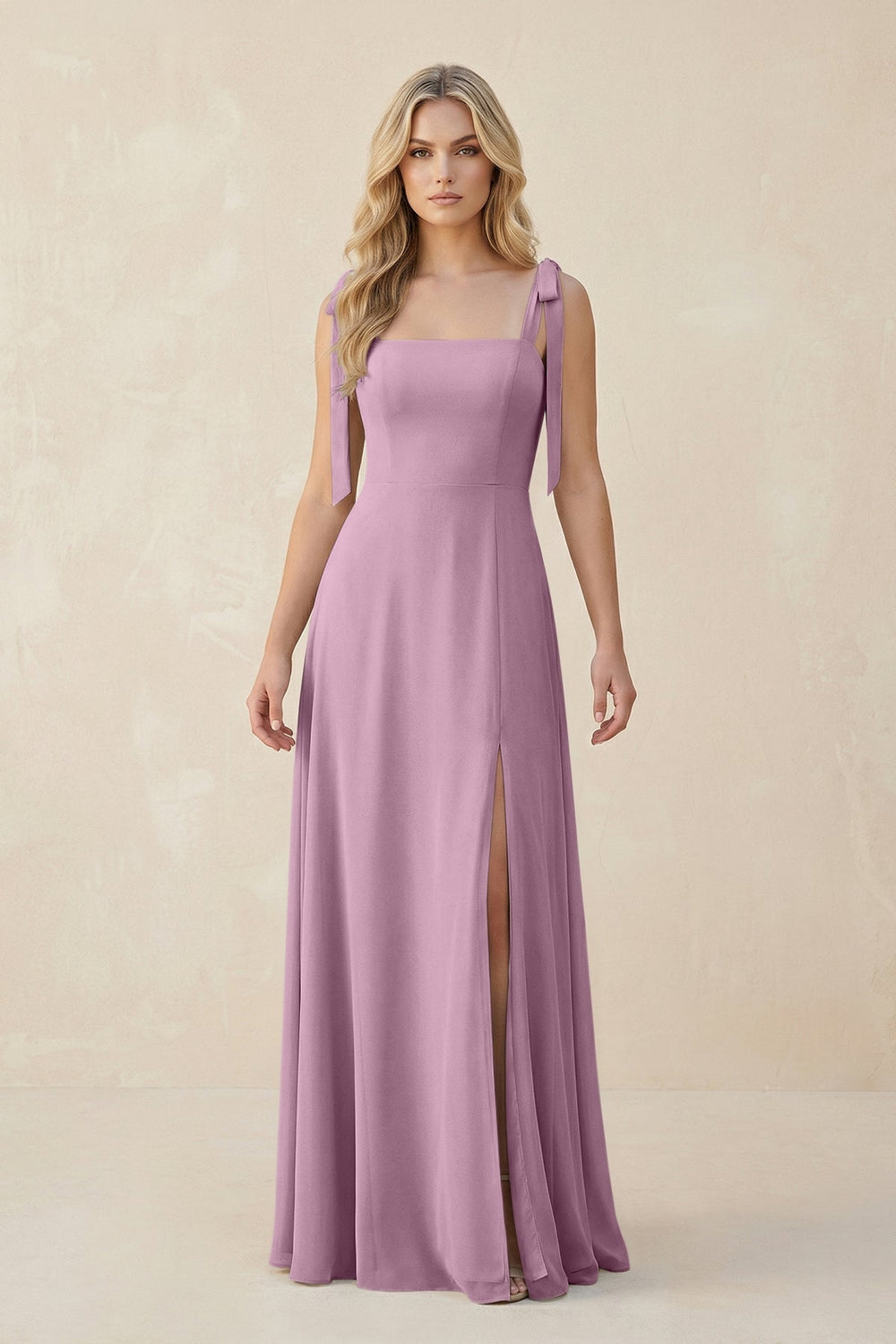 Square Neck Chiffon A - Line Bridesmaid Dress With Bow in Wisteria - KISS BRIDAL Bridesmaid Dresses