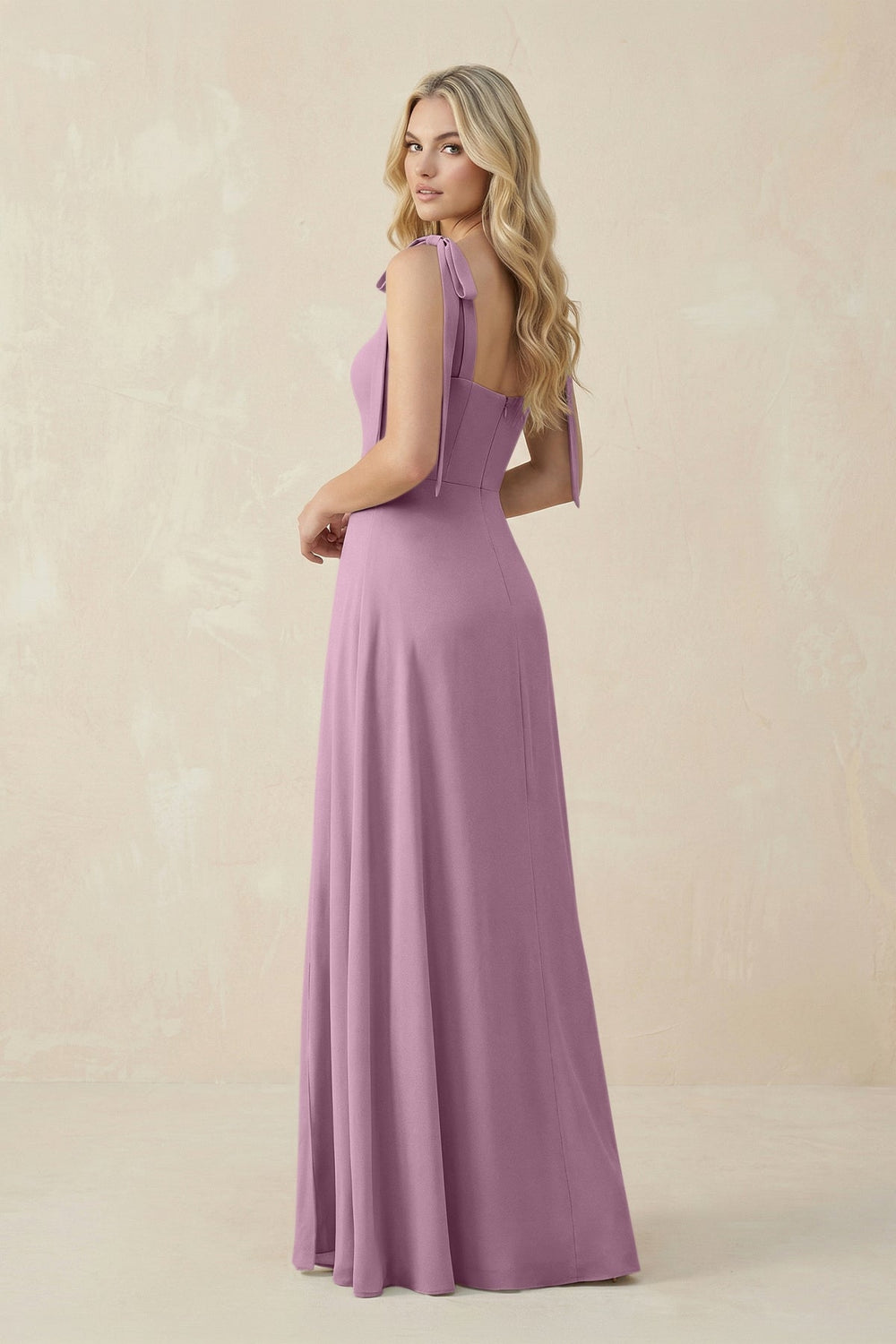 Square Neck Chiffon A - Line Bridesmaid Dress With Bow in Wisteria - KISS BRIDAL Bridesmaid Dresses