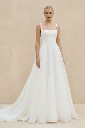 Square Neck Chiffon A - Line Wedding Dress in White - SHE IS ME Wedding Dresses