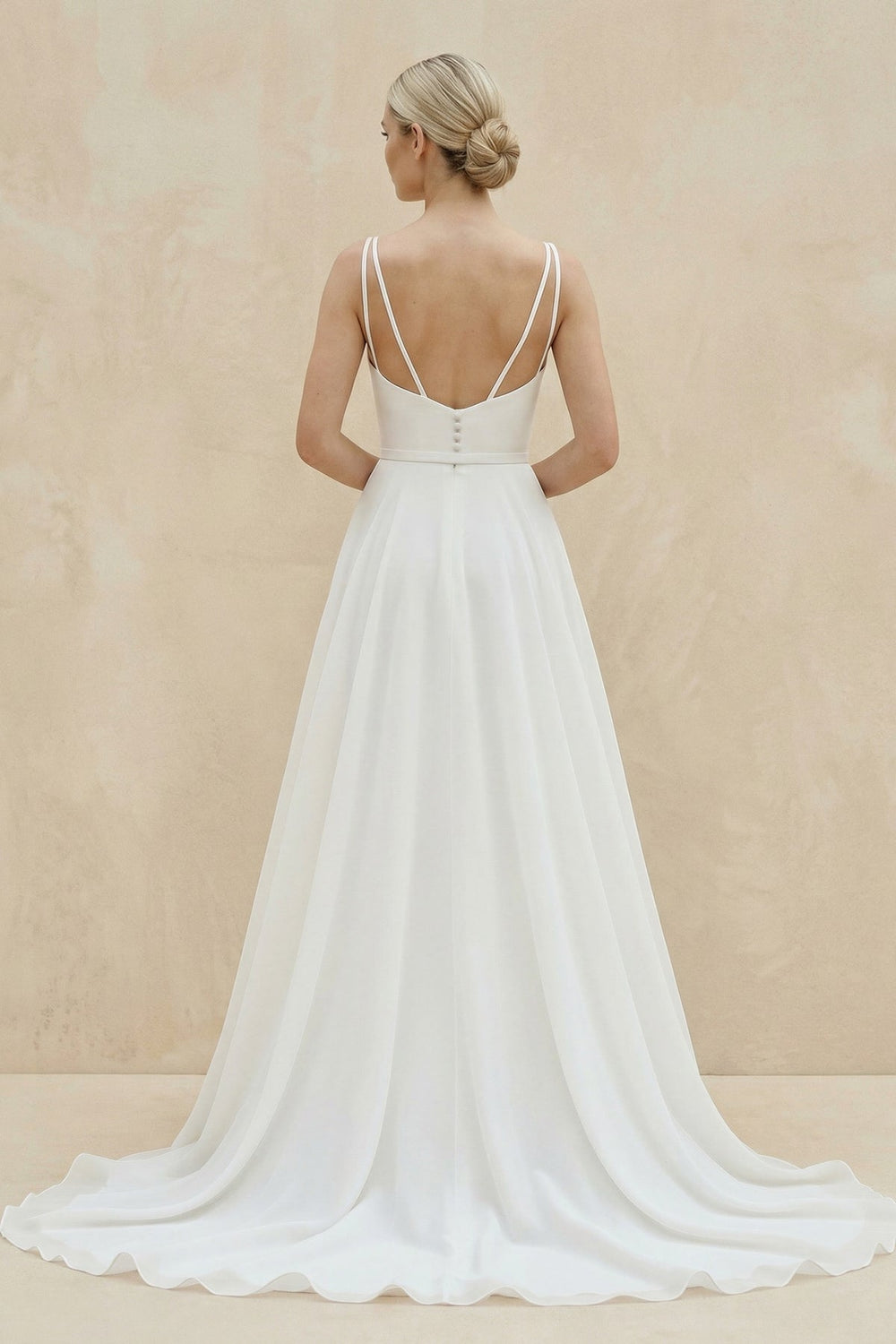 Square Neck Chiffon A - Line Wedding Dress in White - KISS BRIDAL Wedding Dresses