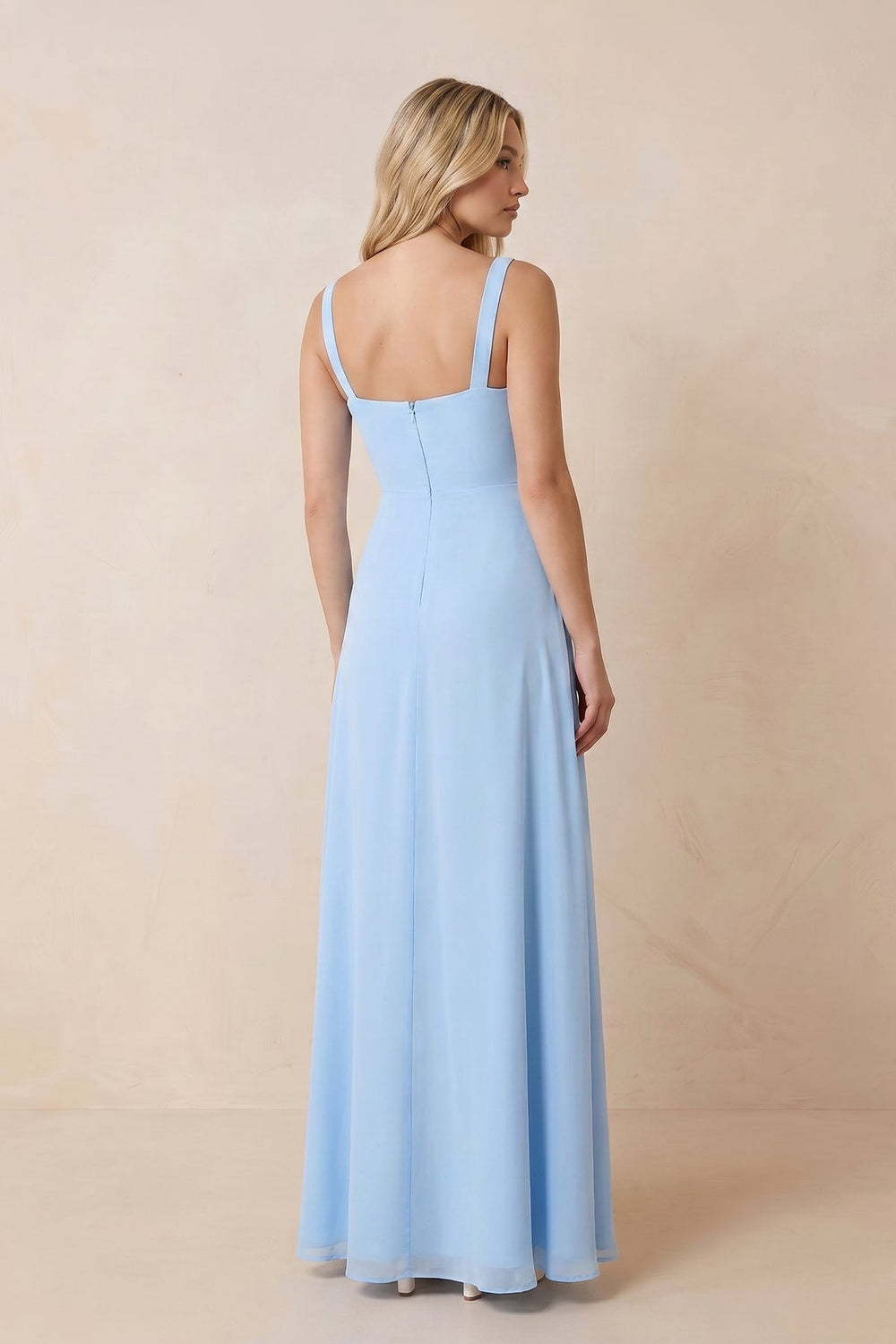 Square Neck Chiffon Maxi Dress with Slit in Sky Blue – KISS BRIDAL Dresses