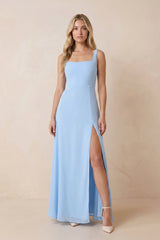 Square Neck Chiffon Maxi Dress with Slit in Sky Blue – KISS BRIDAL Dresses