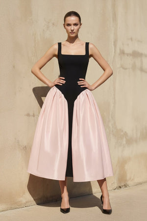 Square Neck Corset Midi Dress in Black and Pink - SHE IS ME