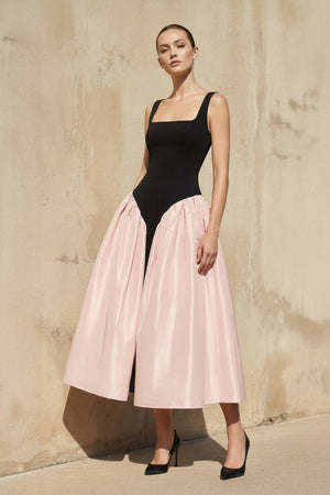 Square Neck Corset Midi Dress in Black and Pink - SHE IS ME