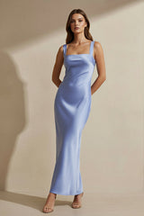 Square Neck Cross Back Satin Maxi Dress in Steel Blue - KISS BRIDAL