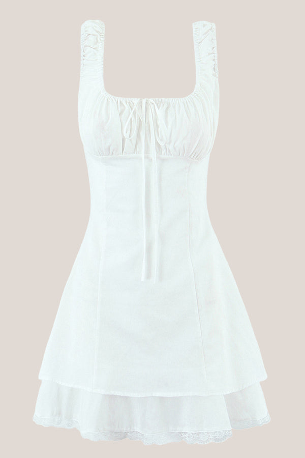 Square Neck Lace A-Line Cotton Mini Dress in White– SHE IS ME Dresses