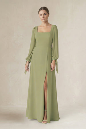 Square Neck Long Sleeve A-Line Chiffon Bridesmaid Dress in Moss Green - SHE IS ME BRIDESMAID DRESSES