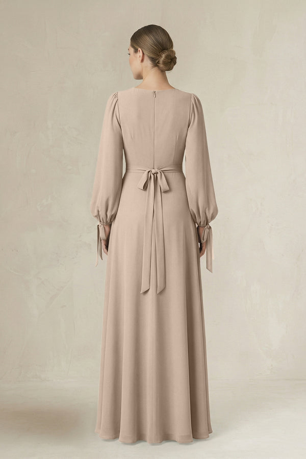 Square Neck Long Sleeve A-Line Chiffon Bridesmaid Dress in Almond - SHE IS ME BRIDESMAID DRESSES