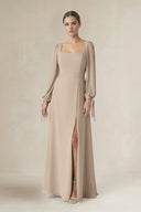 Square Neck Long Sleeve A-Line Chiffon Bridesmaid Dress in Almond - SHE IS ME BRIDESMAID DRESSES